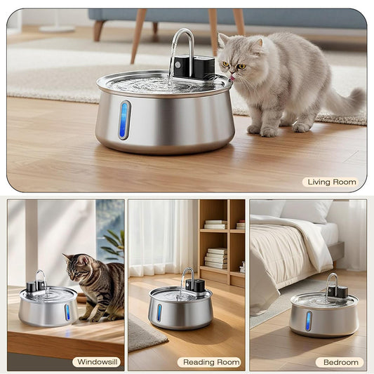 Stainless steel automatic pet water dispenser with cats in home settings